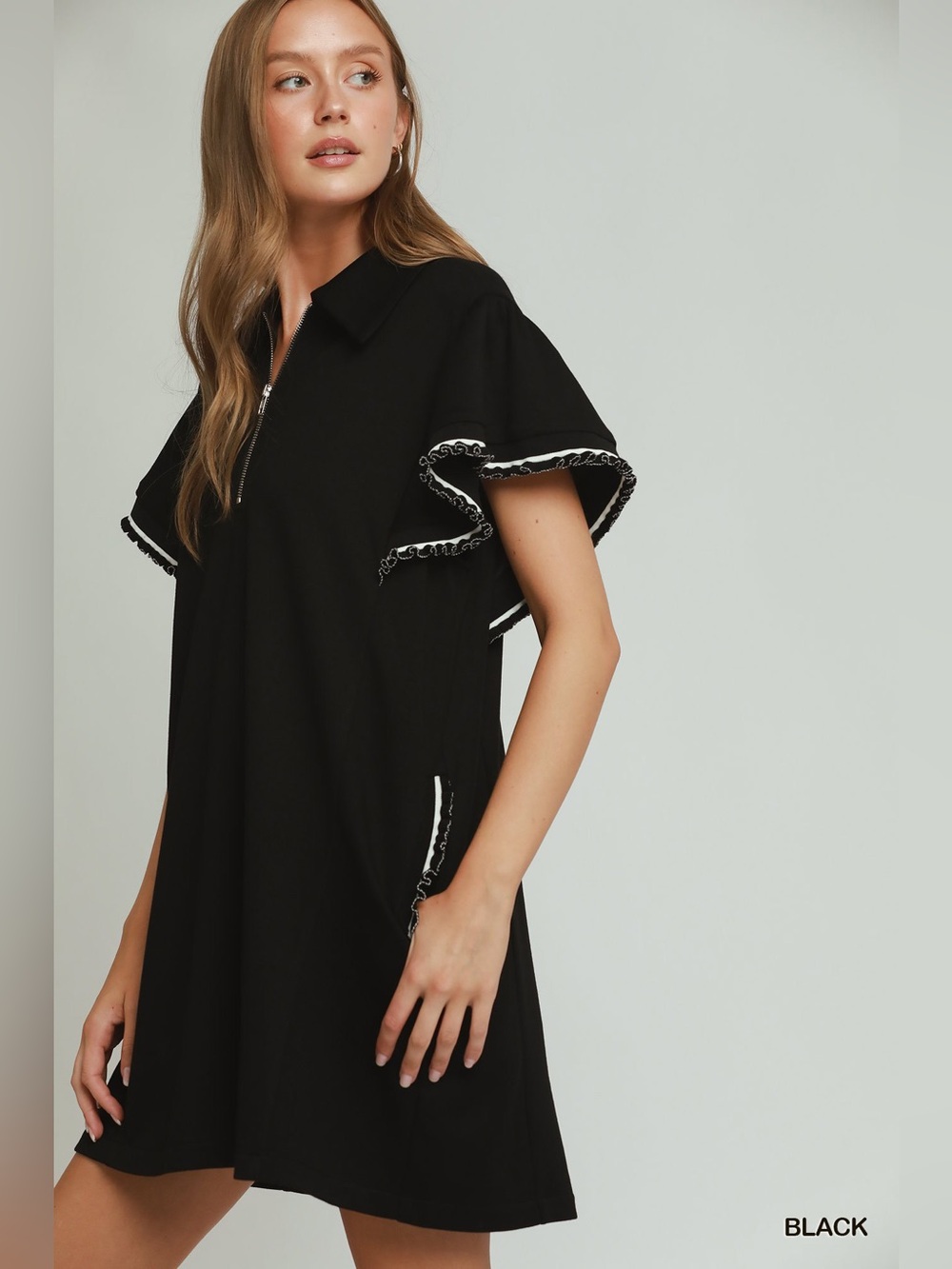 Umgee Half Zip Ruffle Rib Band Butterfy Sleeve Mini Dress with Pockets - Picture 2 of 6